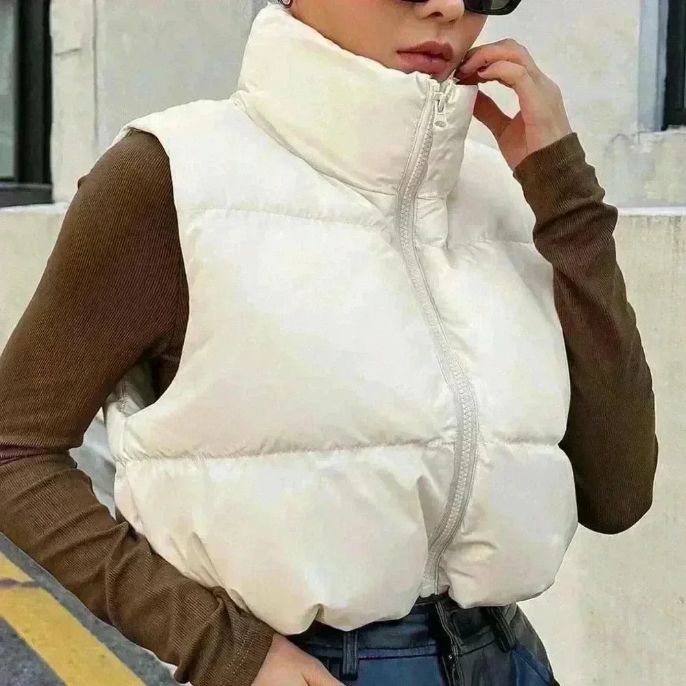 Beige Casual Women's White Sleeveless Padded Coat - Picture 2 of 6